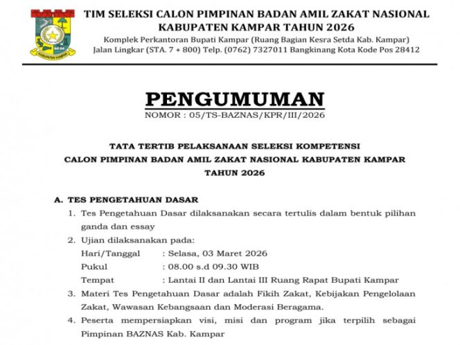 
					TATA TERTIB PELAKSANAAN SELEKSI KOMPETENSI CALON PIMPINAN BADAN AMIL ZAKAT NASIONAL KABUPATEN KAMPAR TAHUN 2026