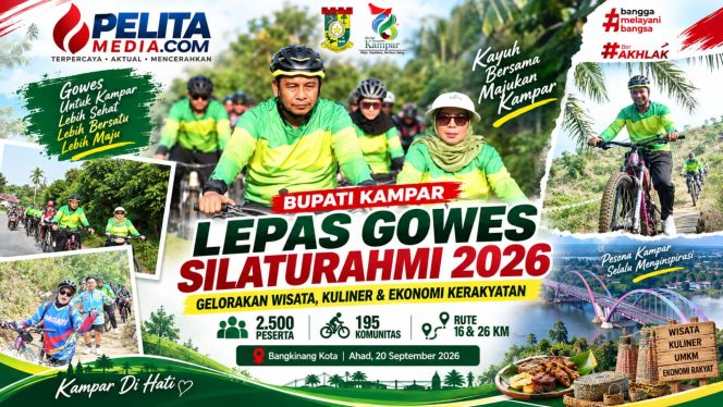 
					Bupati Kampar Ahmad Yuzar ikut menempuh rute 26 kilometer. Kegiatan yang melibatkan 195 komunitas sepeda ini sekaligus menjadi ruang promosi wisata, kuliner lokal dan UMKM.
