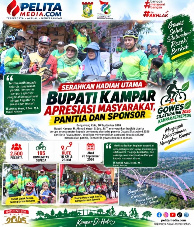 
					Serahkan Hadiah Utama, Bupati Kampar Apresiasi Masyarakat, Panitia dan Sponsor Gowes Silaturahmi 2026