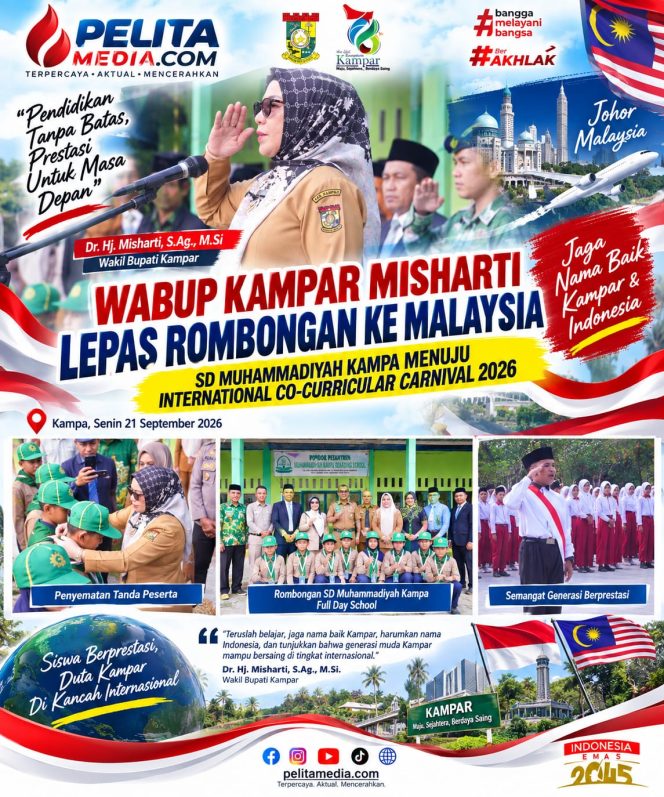 
					Wabup Kampar Lepas Rombongan SD Muhammadiyah Kampa ke International Co-Curricular Carnival 2026 di Malaysia