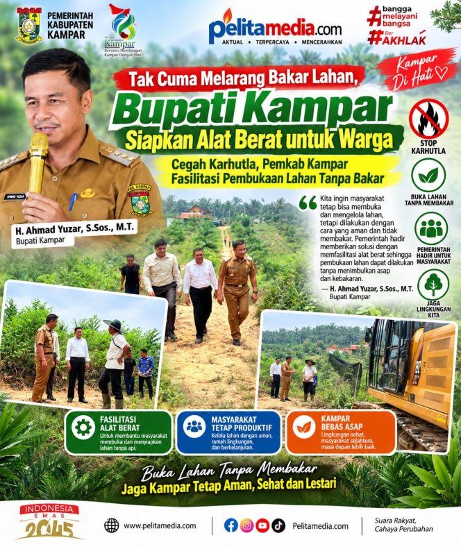 
					Tak Cuma Melarang Bakar Lahan, Bupati Kampar Siapkan Alat Berat untuk Warga  Cegah Karhutla, Pemkab Kampar Fasilitasi Pembukaan Lahan Tanpa Bakar