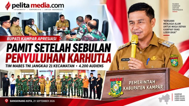 
					Pamit Setelah Sebulan Penyuluhan Karhutla, Bupati Kampar Apresiasi Tim Mabes TNI Turun Langsung ke Masyarakat     Sebulan di Kampar, Tim Penyuluhan Mabes TNI Jangkau 21 Kecamatan dan 4.200 Audiens