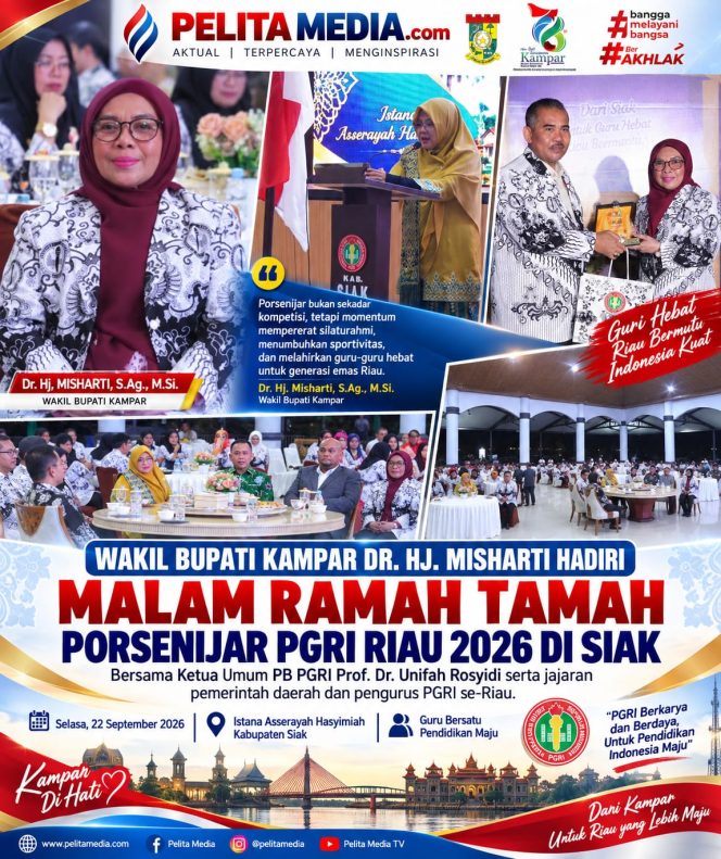 
					Wakil Bupati Kampar Dr. Hj. Misharti menghadiri Malam Ramah Tamah Porsenijar PGRI Riau 2026 di Siak bersama Ketua Umum PB PGRI Prof. Dr. Unifah Rosyidi serta jajaran pemerintah daerah dan pengurus PGRI se-Riau.