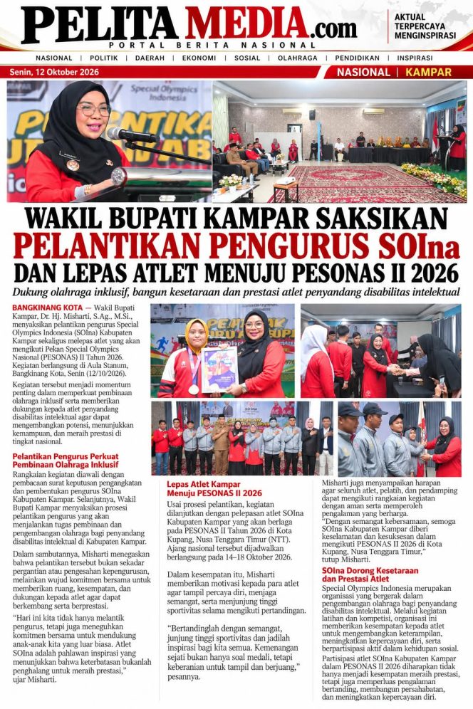 
					Wakil Bupati Kampar Saksikan Pelantikan Pengurus SOIna dan Lepas Atlet Menuju PESONAS II 2026